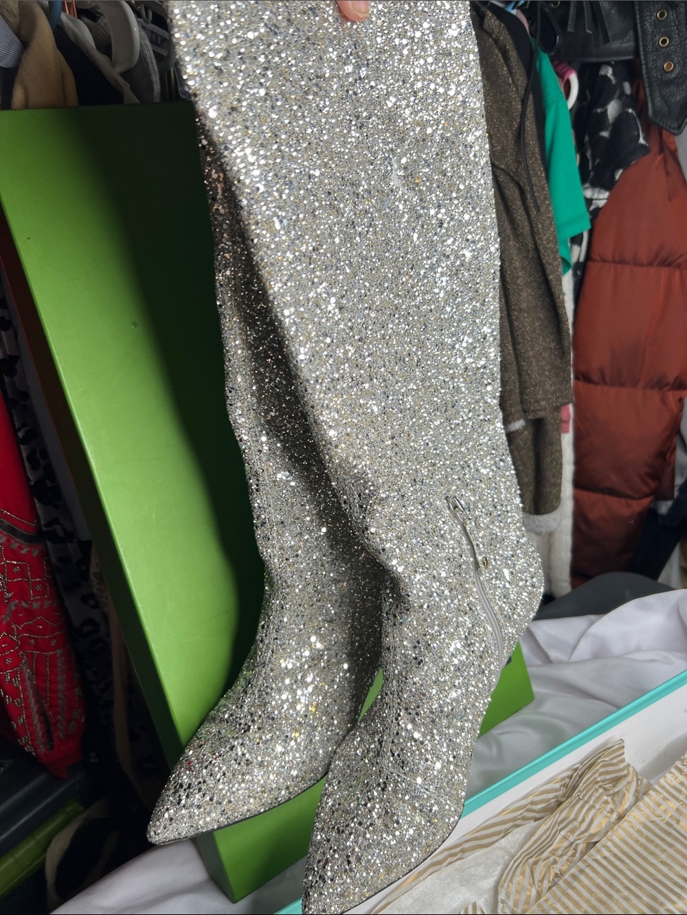 Kate Spade Olina Silver Glitter Tall Boots Kitten Heels In Box 8.5 - Picture 6 of 17